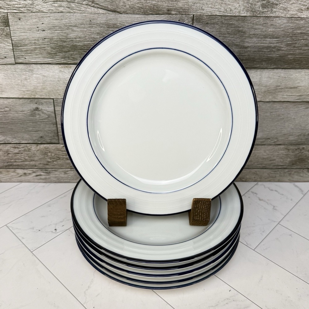 Crate & Barrel Roulette Salad Plates 8.25" - Set of 6 - White Blue Trim